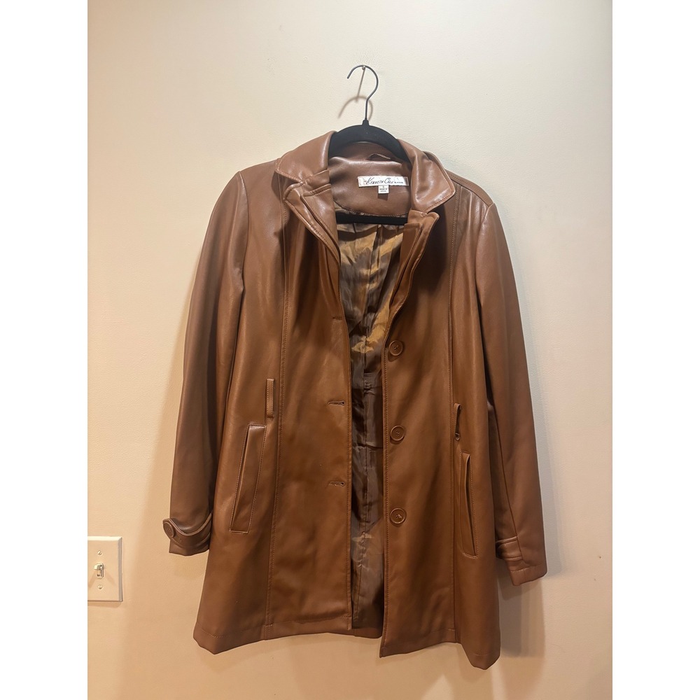 Kenneth Cole New York Brown Faux Leather Trench Coat Button Front Size S No Belt